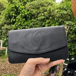 CHANEL Black Quilted Caviar Leather Chain Wallet with Gold Hardware